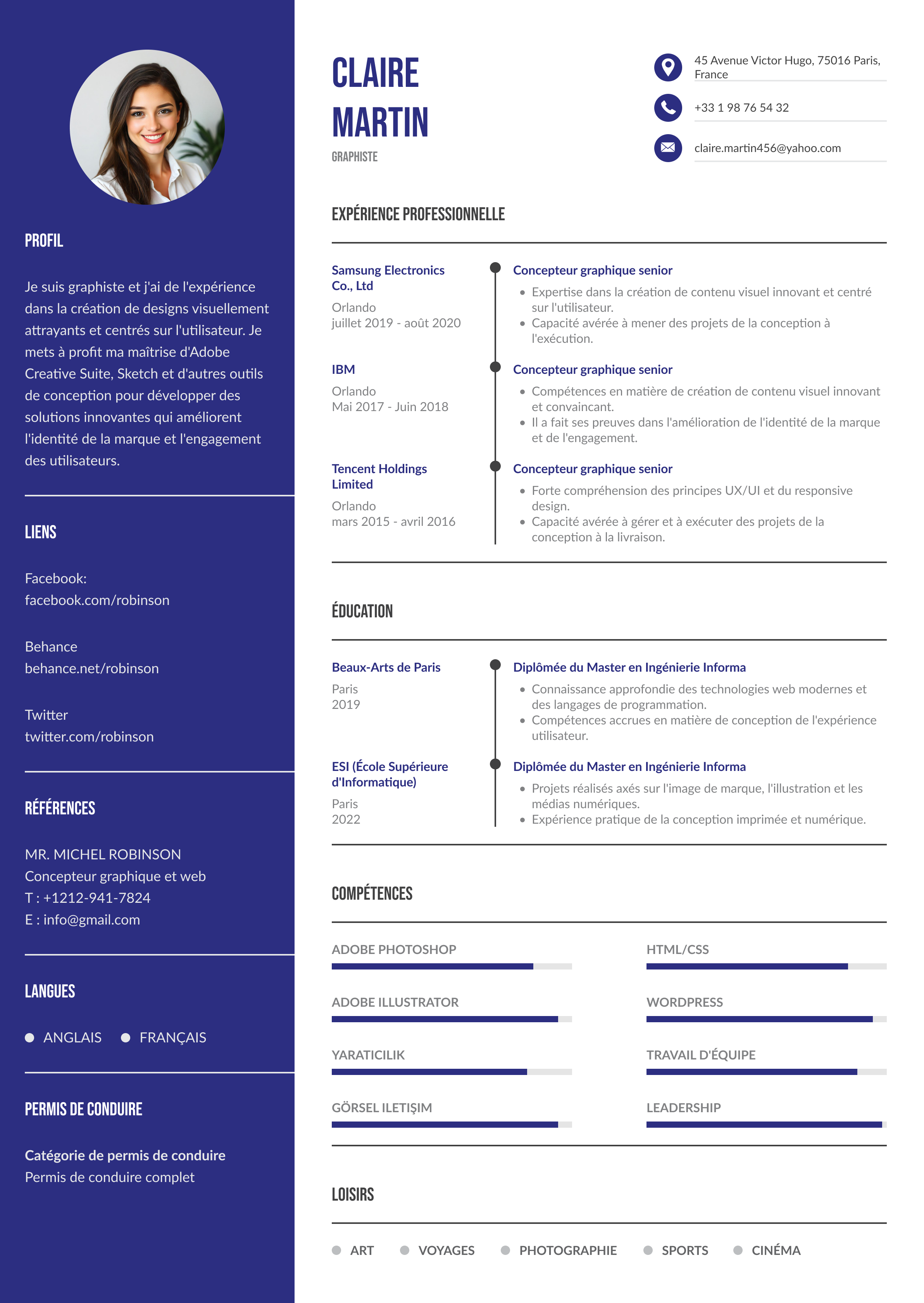 Aperçu Sidebar bleu roi + Timeline verticale